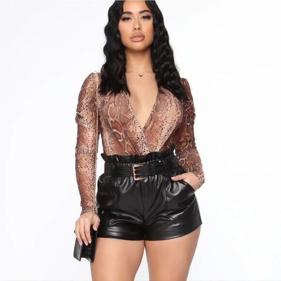NWT Fashion Nova Snake Your Time Surplice Bodysuit. Brown - Picture 5 of 15